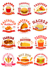 Fast Food vector isolated icons, emblems, ribbons