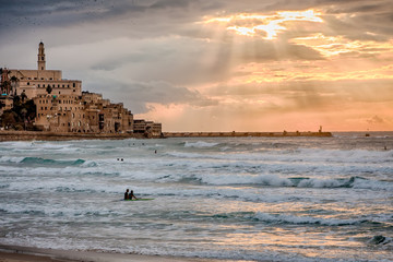 Surfers at Sunset - Jaffa, near Tel Aviv, Israel - Mediterranean