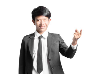 Portrait of a handsome businessman pointed the finger to right s