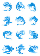 Fototapeta na wymiar Waves, water splashes vector isolated icons