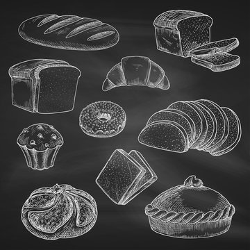 Bread chalk vector sketch icons on blackboard