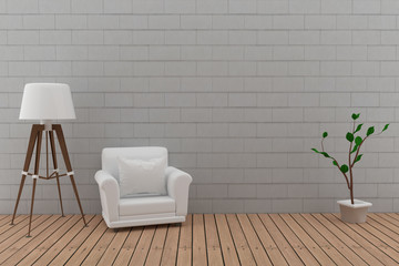 single sofa with lamp in the brick wall and wood floor room in 3D render image.