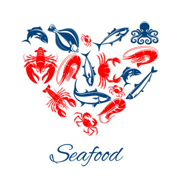 Seafood poster in heart shape vector symbol