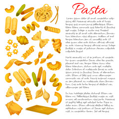 Pasta, macaroni, spaghetti sorts vector poster