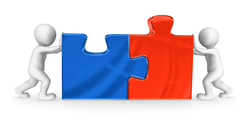 3d white people working with jigsaw puzzle.