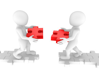 White people build bridge from puzzle pieces. 3D render.