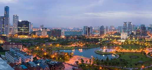 Aerial view of Cau Giay park, Hanoi skyline cityscape at twilight
