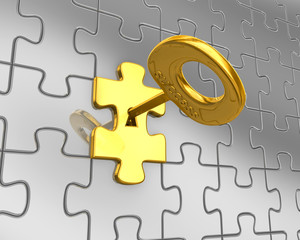 Jigsaw puzzle with golden key 3D. 