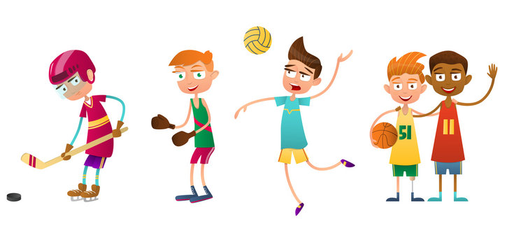 Flat set of kids doing different types of sports. The boy volleyball player, boxer and hockey player. Two other boys basketball.