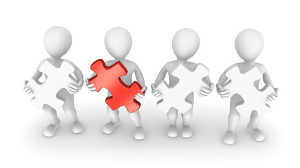 3d people with jigsaw puzzle in hands, teamwork concept