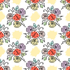 Vector seamless pattern with insect Ladybugs with flowers, leaves, decorative elements, splash, blots, drop Hand drawn contour lines and strokes Doodle style, graphic vector drawing illustration