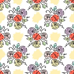Fotobehang Vector seamless pattern with insect Ladybugs with flowers, leaves, decorative elements, splash, blots, drop Hand drawn contour lines and strokes Doodle style, graphic vector drawing illustration © Valentain Jevee