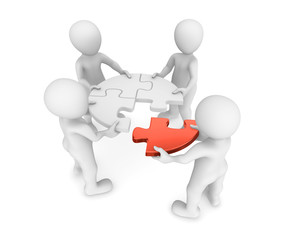 3d small people with red puzzle in hands. 