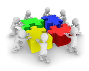 People working as a team with puzzle. 3d illustration.