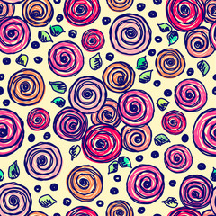Seamless vector hand drawn floral pattern. Colorful Background with flowers, leaves. Decorative cute graphic line drawing illustration. Print for wrapping, background, fabric, decor, textile, surface