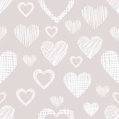 Seamless vector pattern with hearts. Grey endless symmetrical background with hand drawn textured figures. Graphic illustration Template for wrapping, web backgrounds, wallpaper