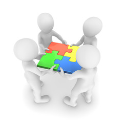 3d people with colored connected puzzle. 