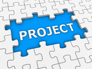 Project - puzzle with white word. 3d rendered illustration.