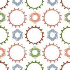 Vector seamless patterns with mechanism of watch. Creative geometric grunge backgrounds with gear wheel. Texture with cracks, ambrosia, scratches, attrition. Graphic illustration.