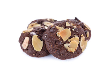 chocolate chip cookie with almond sliced on white background