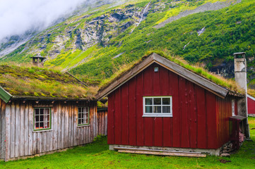 Fototapeta na wymiar Typical house with grass on the roof in a mountain village. Norway