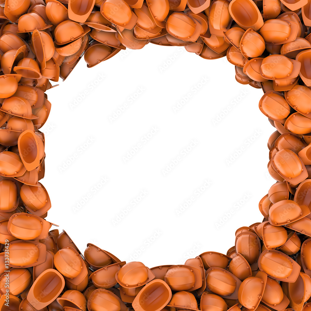 Poster rendering round frame made of orange builder helmets on white background