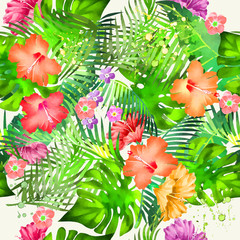 Vivid colors bright tropical flowers watercolor vector seamless pattern.