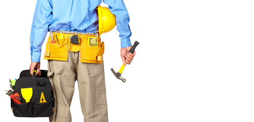 Construction worker with helmet and hammer.
