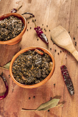 Lentil stew, shot with bay leaves and chili peppers