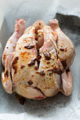 chicken carcass with spices on a baking sheet