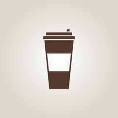 Coffee cup vector flat icon. Tea cup. Brown coffee cup sign on milk background.