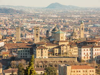 Bergamo - Old city (Citta Alta). One of the beautiful city in Italy. Lombardia. Landscape of the old city from San Vigilio hill during a beautiful day.