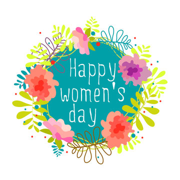 An elegant wreath of flowers and leaves. Greeting Card with Women's Day