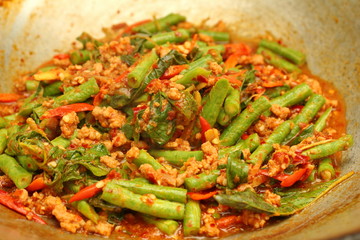 Cooking , Spicy fried cowpea with minced pork , Pad Ped Tua .