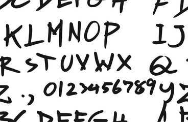 Hand drawn doodle letters and decorative elements seamless pattern. Black and white background...