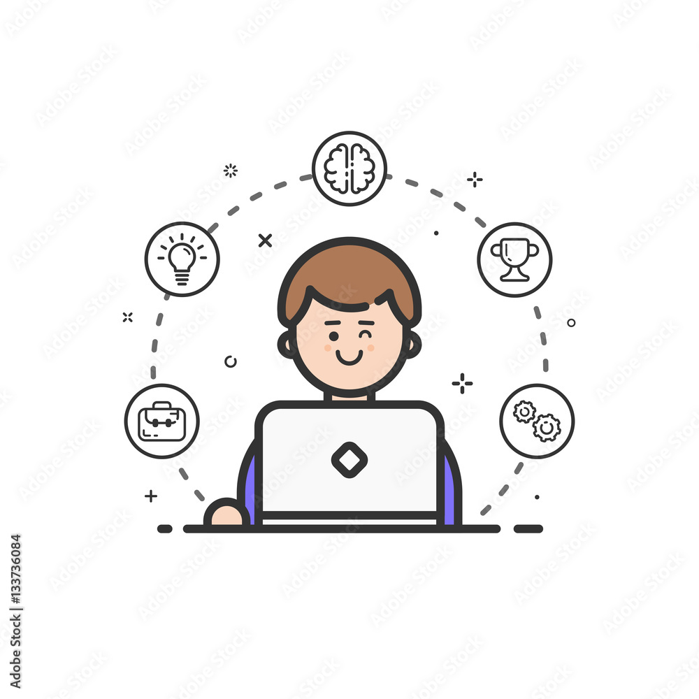Poster vector illustration of colored icon in flat line style. linear cute and happy man with laptop. graph