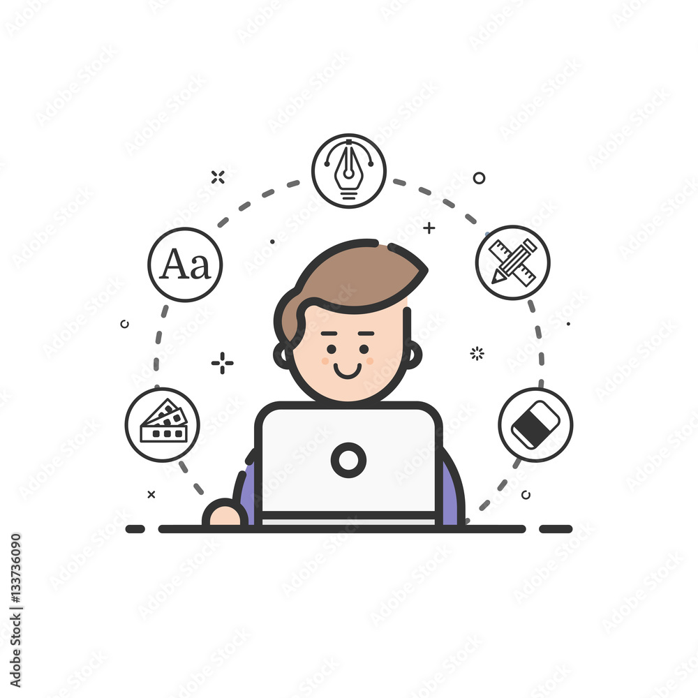 Poster vector illustration of colored icon in flat line style. linear cute and happy man with laptop. graph