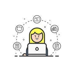 Vector illustration of colored icon in flat line style. Linear cute and happy girl. Graphic design concept of woman financial accountant use in Web Project and Applications Outline isolated object.