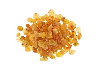 Yellow raisins isolated on white background, top view