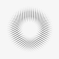 Modern abstract illustration made of small particles. Monochrome background with halftone circles. Twisted round shape with an array of dots. Element of design.