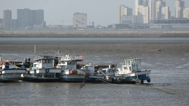 Low tide in the Sea of Japan. Fishing boats lie on the bottom. View Incheon