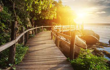 Fototapeta na wymiar Thailand sunset view from wooden bridge on koh Phangan island