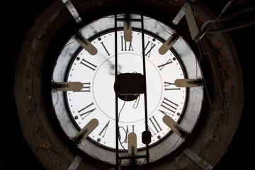 Old wall clock - mechanism inside, close up