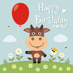 Happy birthday! Funny bull with red balloon on flower meadow. Birthday card with little bul in cartoon style.
