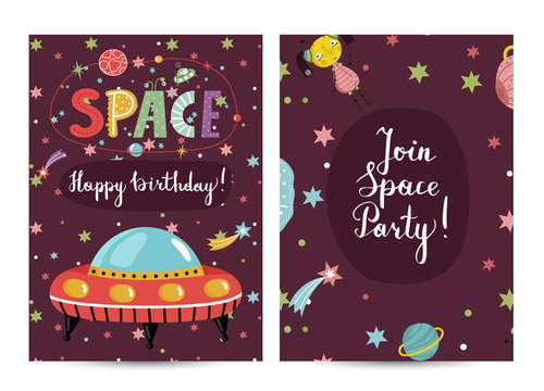 Happy birthday cartoon greeting card on cosmic theme. Flying saucer, alien, text collage on cherry red background with colorful stars and planets vector. Bright invitation on childrens costumed party - Powered by Adobe