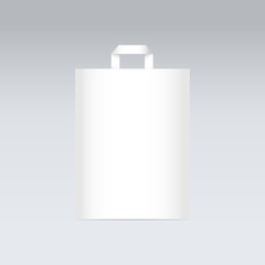 White paper bag with handles for shopping on gray background. Mockup for text or design. Vector illustration.