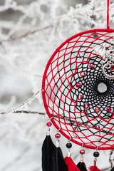 Dreamcatcher made of feathers, leather, beads, and ropes