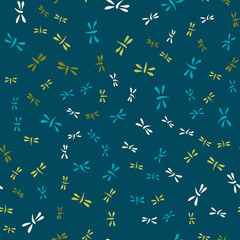 Fototapeta premium Beautiful green dragonflies on blue. Seamless pattern
