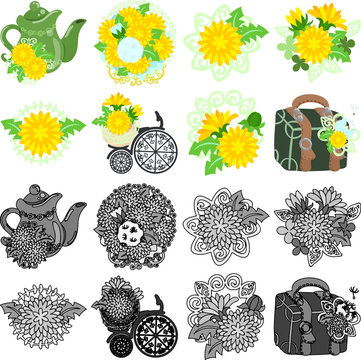 The cute icons of dandelion such as pot and bouquet and bicycle and bag