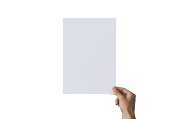 Right hand holding A4 paper in the left hand. Leaflet presentati